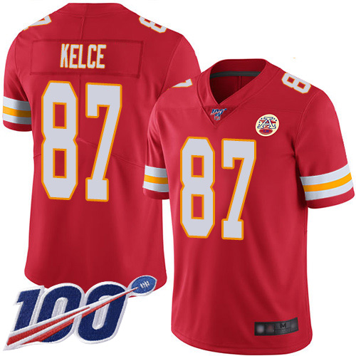 Men Kansas City Chiefs #87 Kelce Travis Red Team Color Vapor Untouchable Limited Player 100th Season Football Nike NFL Jersey